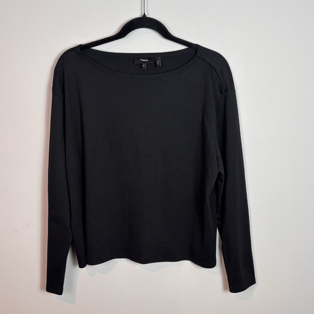Theory Womens Black Drop Shoulder Pima Cotton Boxy Long Sleeve Tee XL Minimalist